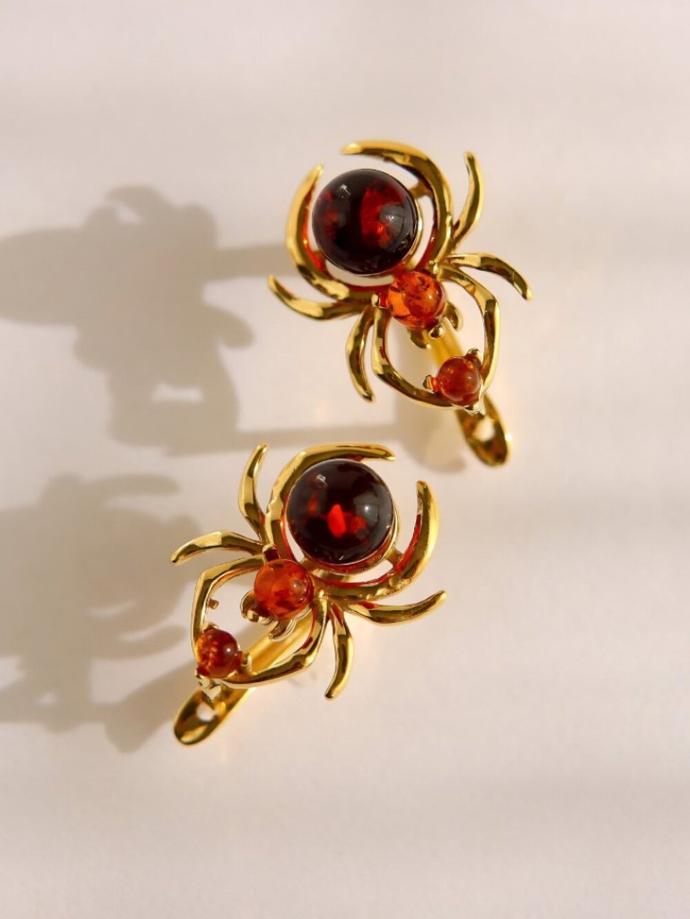 Baltic Amber Spider Earrings in 14k Gold Plated Silver